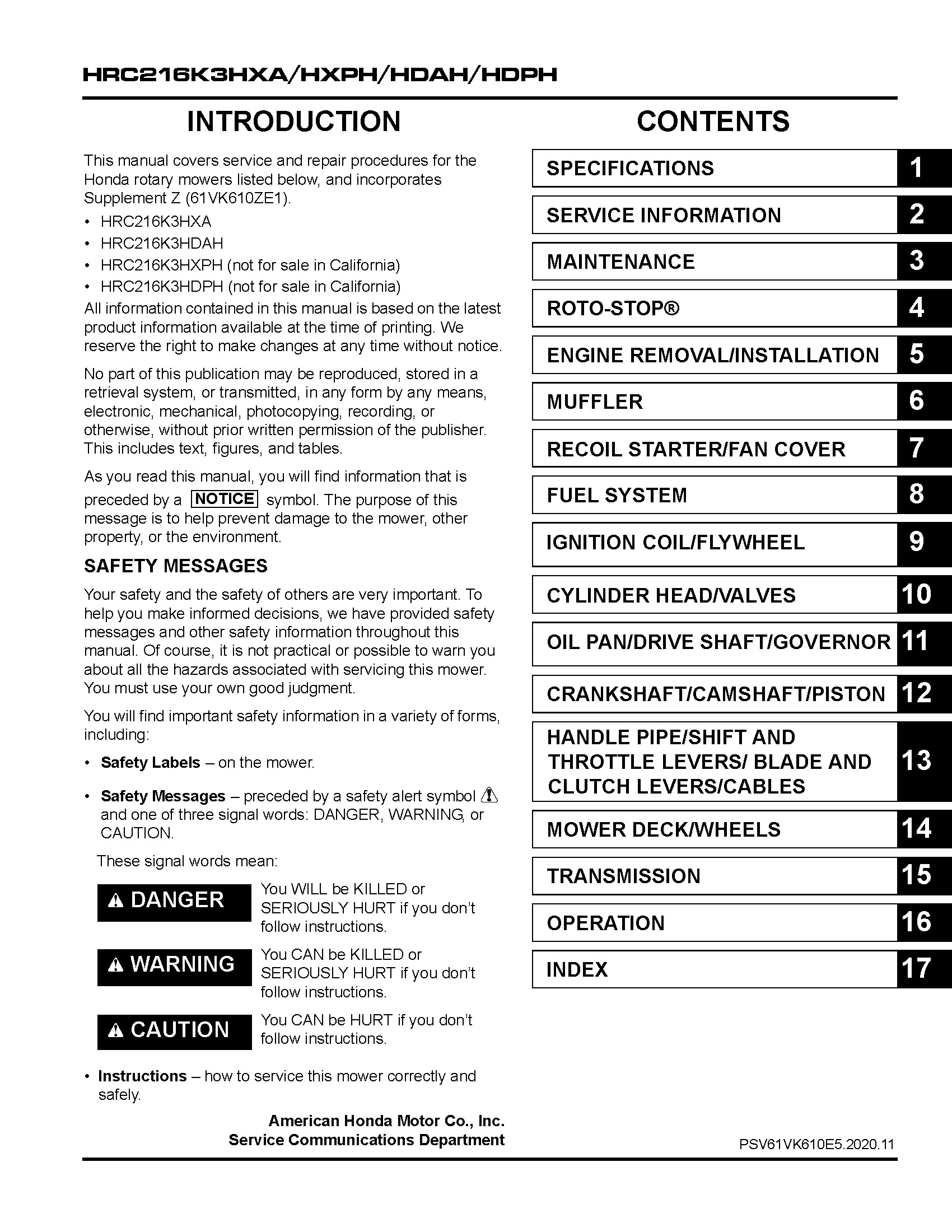 HRC216 HDA/HDP HXA/HXP K3 Commercial Lawn Mower Shop Manual